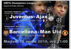 Tabellone con la presentazione della partita di Champions Juventus-Ajax, con un primo piano di Allegri.
