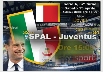 Presentazione della partita Spal- Juventus, con foto di Allegri e disegno delle scudetto