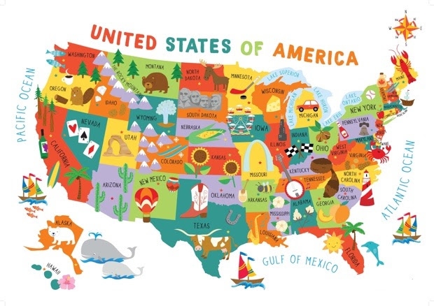 La carta geografica degli Stati Uniti con i disegni di prodotti tipici di ogni Stato.