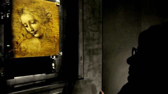 Un visitarore di fronta al quadro La Scapiliata di Leonardo da Vinci