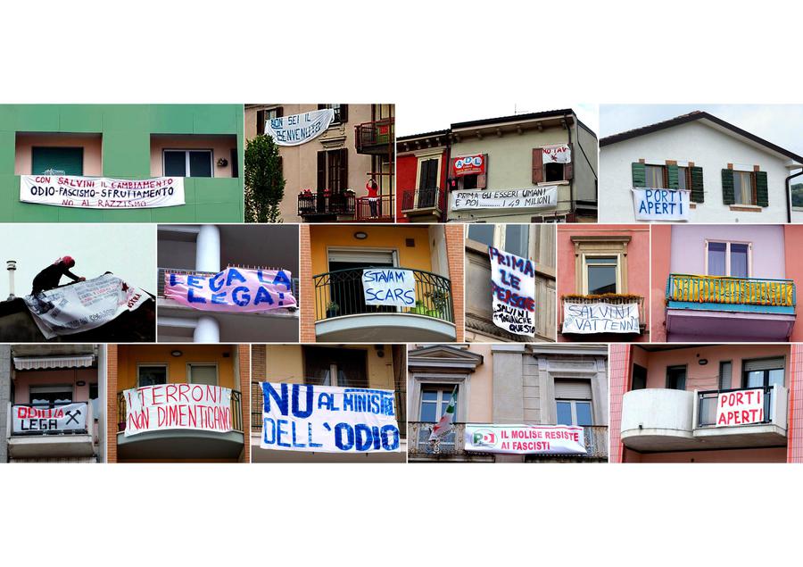 La combo mostra alcuni striscioni contro il ministro dell'Interno e leader della Lega, Matteo Salvini, apparsi nelle città in cui il vicepremier ha tenuto comizi nelle ultime settimane