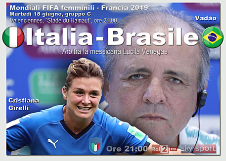 Tabellone della partita Italia-Brasile del Mondiale donne. In primo piano la foto della goleador Gallia.