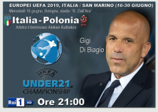 Tabellone della partita Italia-Polonia Under 21 con la foto di Di Biagio.