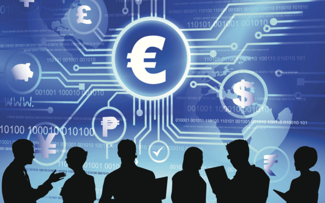 Disegno di economia digitale con simboli di monete: $, euro