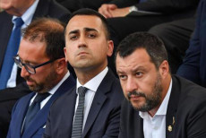 Da sin: i ministri, Alfonso Bonafede, Luigi Di Maio, Matteo Salvini, durante la cerimonia per lanniversario della fondazione del Corpo di Polizia Penitenziaria in piazza del Popolo, Roma