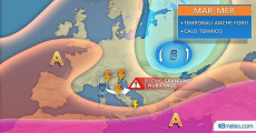 Cartina meteo dell'Europa con l'Italia al centro delle tempeste.
