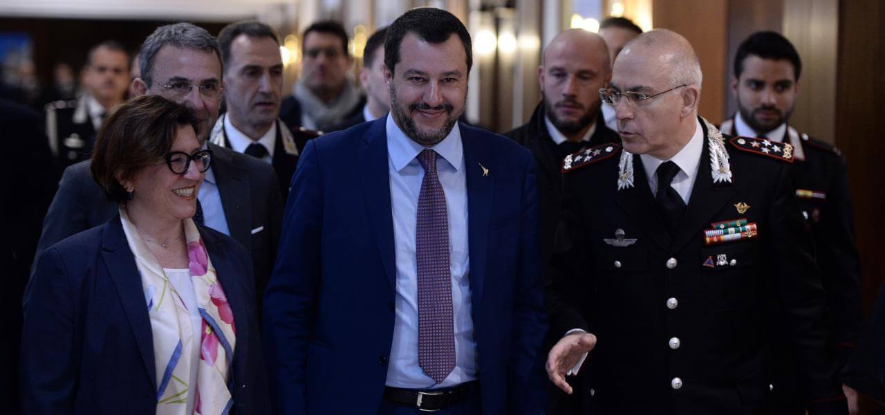 La ministra della Difesa, Elisabetta Trenta; il ministro degli Interni e vice Premier, Matteo Salvini; il Generale Giovanni Nistri, Comandante generale dell'Arma dei carabinieri.