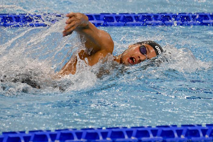 Matteo Ciampi, secondo classificato, durante la finale dei 400 stile libero alla piscina Scandone di Napoli che ospita le gare dell'Universiadi Napoli 2019