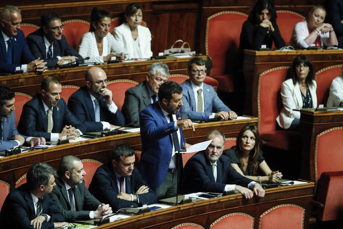 Il vice Primo Ministro e ministro dell'Interno, Matteo Salvini, durante il suo intervento al Senato.