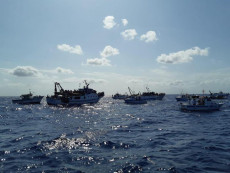 Un corteo formato da diverse barche di pescatori raggiunge il tratto di mare davanti alle coste di Lampedusa dove il 3 ottobre del 2013 naufragò un barcone con oltre 500 migranti, causando 366 morti.