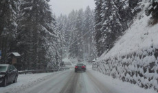 Neve: strada e paesaggio innevati a Carezza, in Alto Adige.