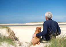Un anziano seduto sulla spiaggia con a fianco il suo cane.