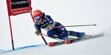 Federica Brignone in piena performance nello slalom gigante a Courchevel. Archivio.