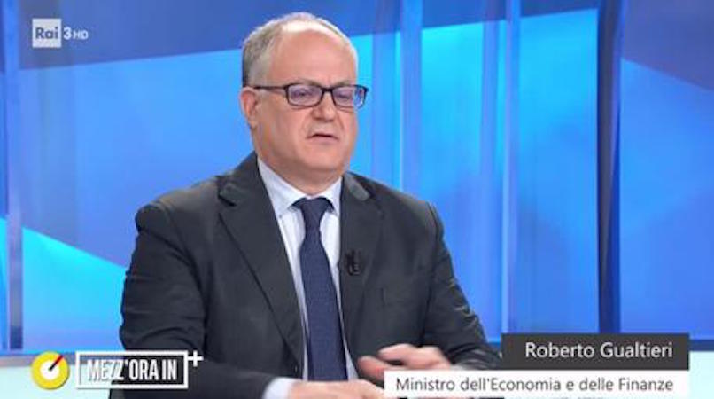 Un fermo immagine del ministro dell'Economia Roberto Gualtieri ospite della trasmissione di Rai3 'Mezz'ora in più" condotta da Lucia Annunziata,
