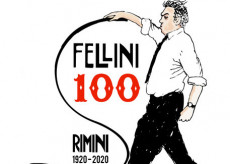 Il poster della mostra Fellini 100 anni a Rimini.