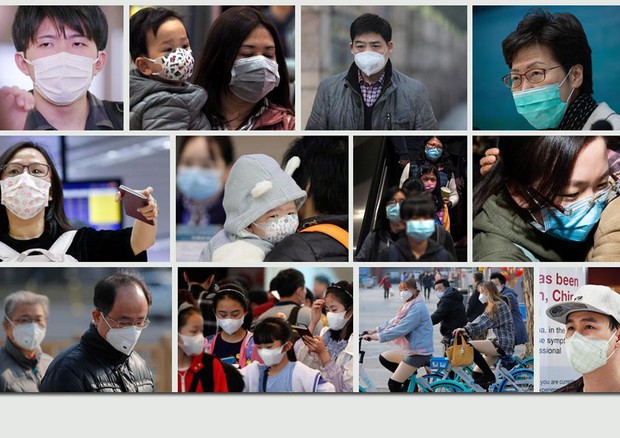 Virus Cina, collage ANSA di foto di persone con mascherina per evitare il contagio.