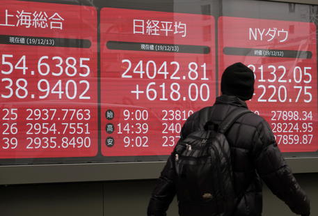 Un cittadino passa davanti a uno schermo che riporta l'andamento del giorno della borsa di New York e Shangai. in Tokyo.
