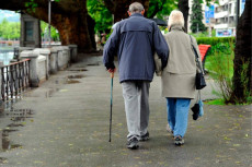 Una coppia di pensionati a passeggio in un parco.