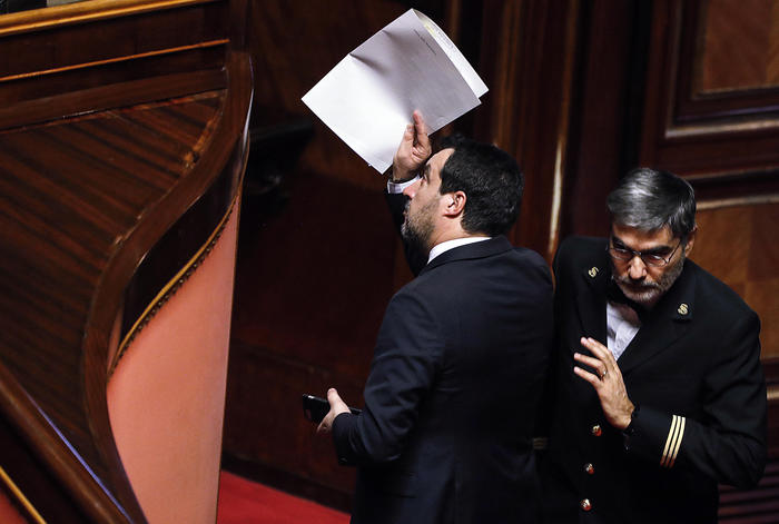 Il leader della Lega Matteo Salvini durante il dibattito sul caso Gregoretti nellAula di Palazzo Madama, Senato della Repubblica, Roma