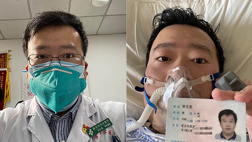 Il medico cinese Li Wenliang morto da coronavirus in due immagini d'archivio: al lavoro (S) e all'ospedale (D) infettato dal Covid-19 su cui fu il primo a lanciare l'allarme.
