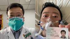 Il medico cinese Li Wenliang in divisa da dottore e come paziente all'ospedale.