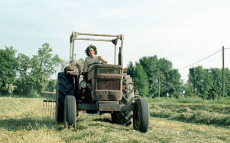 Un agricoltore alla guida di un trattore nel campo.