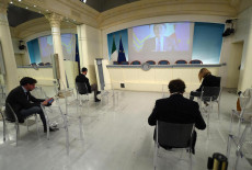 Giornalisti in sala stampa durante la conferenza del Primo ministro Giuseppe Conte.