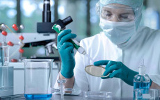 Un professionale esamina un campione in un laboratorio farmaceutico.