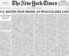 Prima pagina del New York Times con i nomi e brevi necrologi di mille vittime del Coronavirus, domenica 24 maggio 2020.