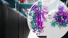 Il supercomputer Marconi (fonte: Cineca) e nel cerchio la struttura della proteina Spike del virus SarsCoV2