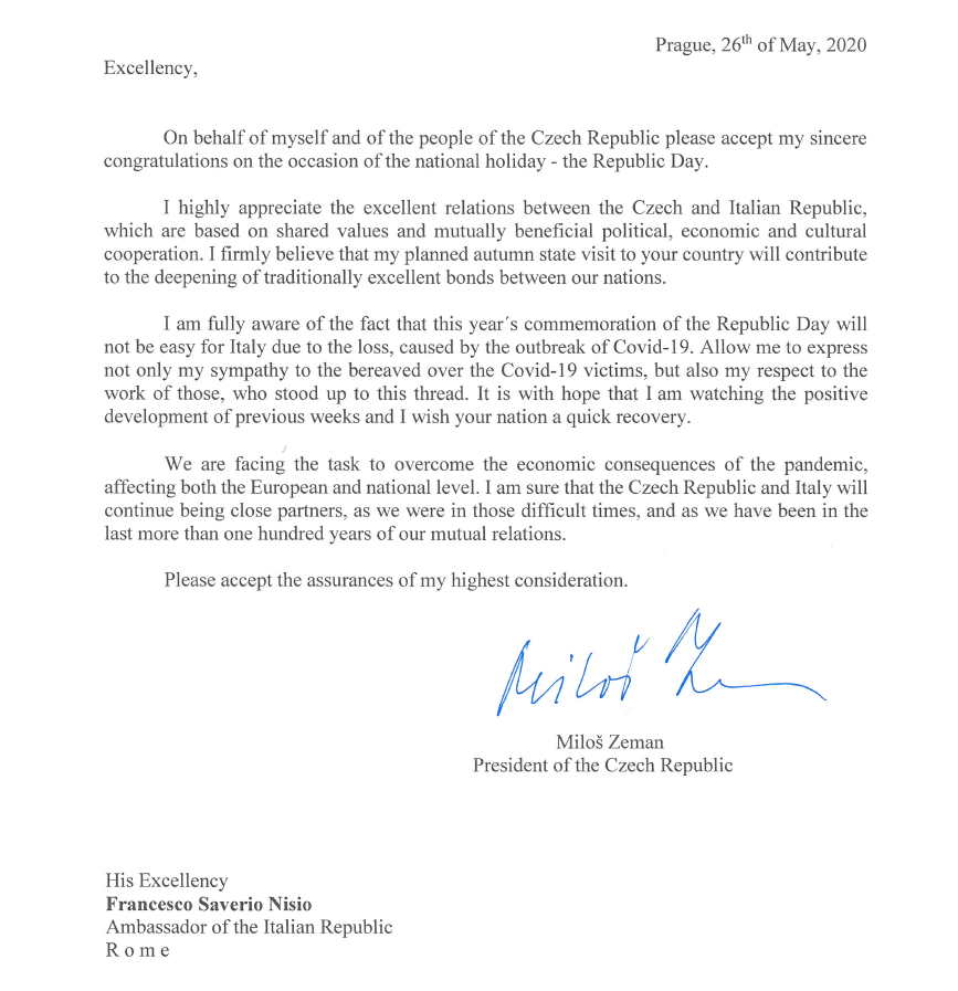 La lettera inviata dal presidente Zeman