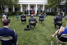 Una conferenza stampa del presidente Donald Trump nel Giardino delle Rose della Casa Bianca. Washington.