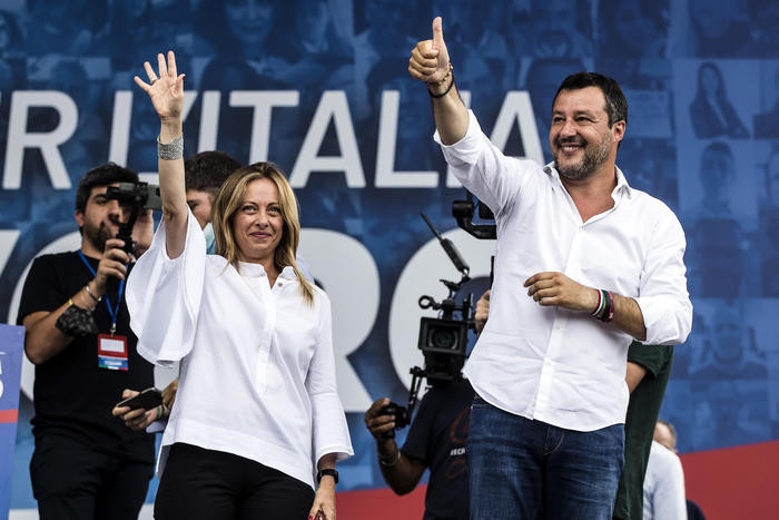 Giorgia Meloni e Matteo Salvini, durante la manifestazione di protesta a Piazza del Popolo, Roma