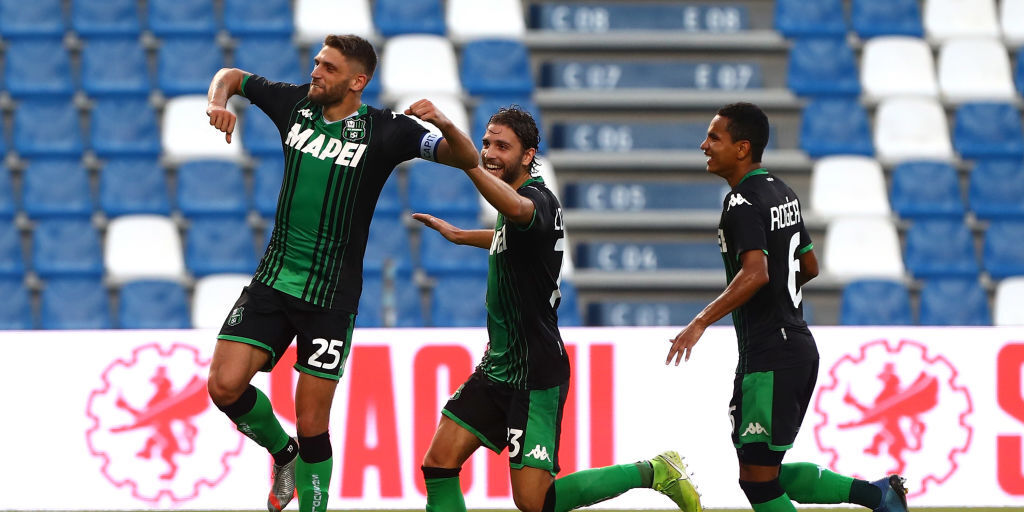 Domenico Berardi del Sassuolo festeggia il secondo gol seganto al Genoa.(Marco Luzzani/Getty Images)