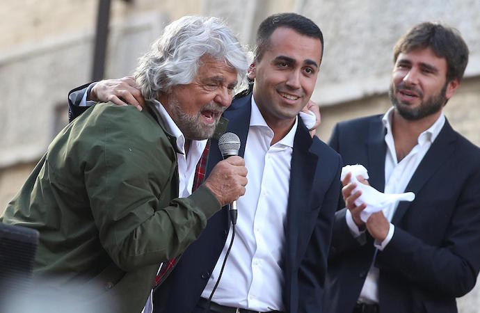 In una foto d'archivio Beppe Grillo, Luigi Di Maio e Alessandro Di Battista.