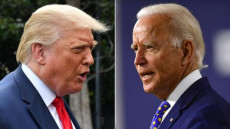 Donald Trump e Joe Biden faccia a faccia in una composizione grafica.