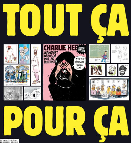 Prima pagina del settimanale satirico francese Charlie Hebdo con il titolo "Tanto tumore per nulla" e caricature di Maometto.