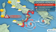 La cartina pubblicata su 3bmeteo.com che localizza il ciclone mediterraneo abbattutosi sul mar Ionio