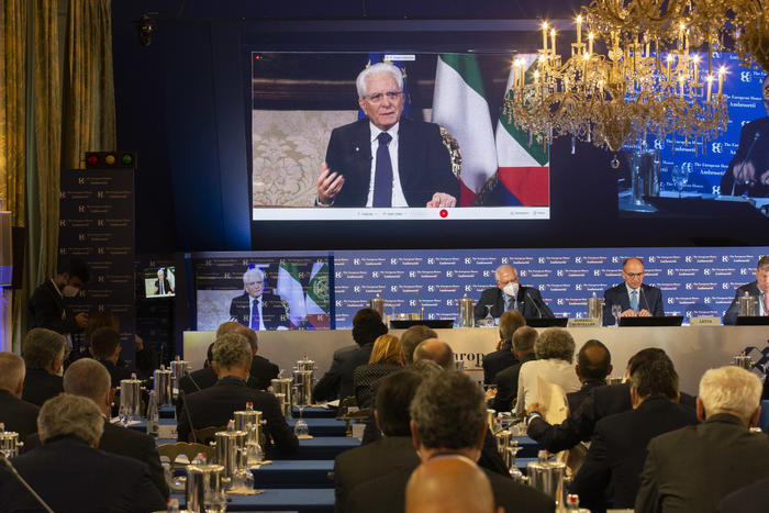 Il Presidente Sergio Mattarella, durante il suo intervento al The European House Ambrosetti 2020, in Cernobbio.