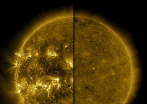 A sinistra il Sole durante il massimo solare (aprile 2014), a destra il Sole durante il minimo solare (dicembre 2019