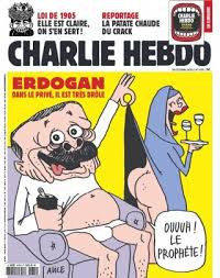 Con il titulo "Erdogan, in privato è molto buffo", La copertina del settimanale satirico Charlie Debdo mostra al presidente turco in mutande, mentre solleva il lungo velo di una donna musulmana.
