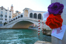 Rose rosse vicino al ponte di Rialto, a Venezia, contro la violenza sulle donne