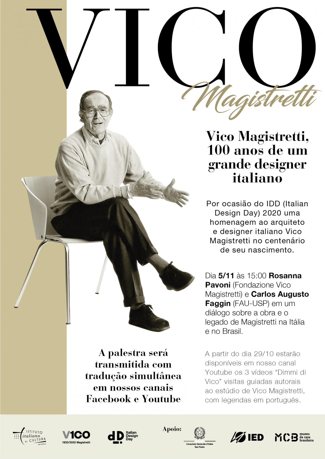 Cartello della conferenza-omaggio on line a Vico Magistretti in Brasile.