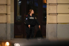 Una agente della polizia austriaca pattuglia la zona adiacente alla sinagoga di Vienna, dopo l'attacco terroristico.