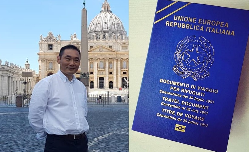 IL dissidente cinese Dalú nel Vaticano ed il passaporto da rifugiato, in una composizione grafica.