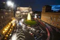 Traffico natalizio a Piazza Venezia con l'albero di Natale illuminato.