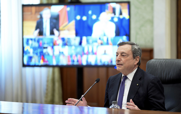 Il Presidente Draghi partecipa alla prima sessione di lavoro della Videoconferenza dei membri del Consiglio europeo.