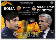 Cartello della partita Roma Shakhtar con il volto dei due allenatori Paulo Fonseca (S) e Luis Castro (D) faccia a faccia.