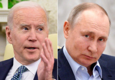 Joe Biden e Vladimir Putin faccia a faccia in una composizione grafica.