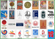 Composizione grafica con il logo delle Olimpiadi attraverso la storia.